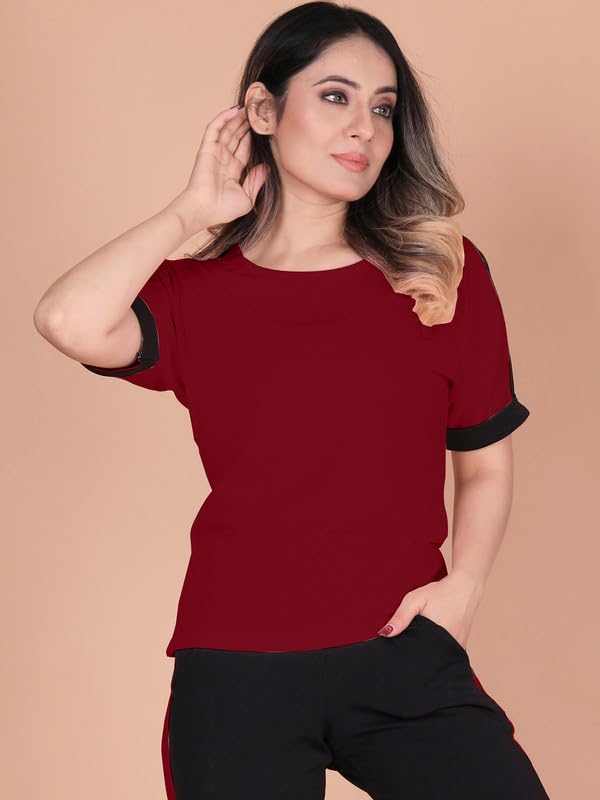 Image of DTR FASHION Polyester Blend Shoulder Stripes Tracksuit | Night Wear Suit For Women