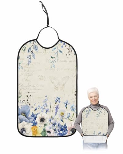 LEOKOTI Blue Spring Floral Adult Bibs for Eating, Waterproof Bibs with Food Catcher & Adjustable Snap Closure, Summer Botanical Flowers Vintage Washable Clothing Protectors Adult Bibs for Elderly