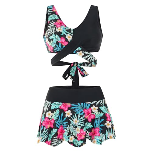Bikini madre hija con estampado de hojas de flores y diseño de bañador familiar a juego