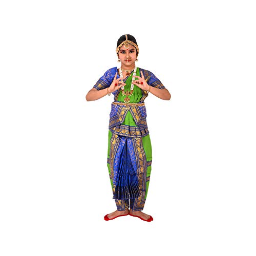 Image of BHARATANATYAMWORLD Bharatnatyam Readymade Blue & Green China Silk for Fancy Dress /Costume Competitions /School Events /Annual Functions