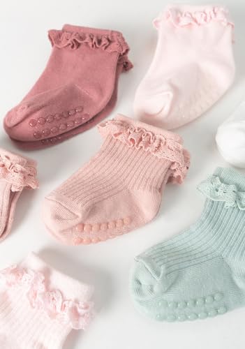 5 Pairs Toddler Anti Slip Non Skid Socks Baby Little Girls Lace Flower Stripe Crew Socks3