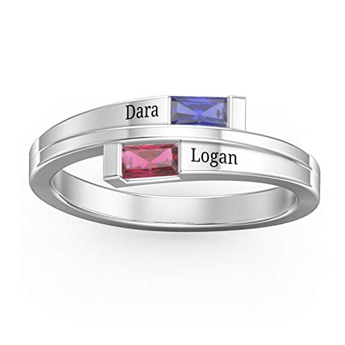 Personalized 2 birthstones Mother Daughter Rings Wedding Ring Engraved Name Ring S925 Sterling Silver Double CZ Baguette Bypass Ring for Girlfriend Wife4