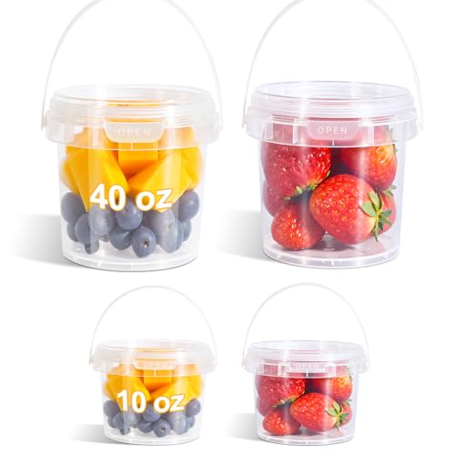 Plastic Food Storage Containers with Lids - 2PACK 40oz + 2PACK 10oz, Clear Buckets with Handle, Reusable, Freezer Safe, Microwaveable, Stackable, Dishwasher Safe - Ideal for Meal Prep, Soup, Snacks