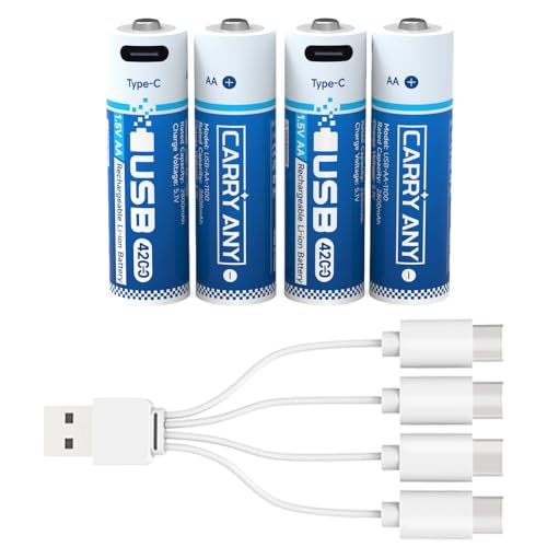 Rechargeable AA Lithium Batteries 4 Pack 1.5V 4200mWh Double AA Battery with USB-C Charging Cable 2000+ Cycles Fast Charging & Extreme Temperature Resistant for Flashlights Cameras Toys
