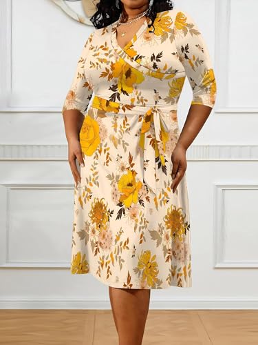 Image of PinkPatty Women's Plus Size Maxi Dress Print 3 /4 Sleeves V Neck Party Sundress Wedding Guest Dresses