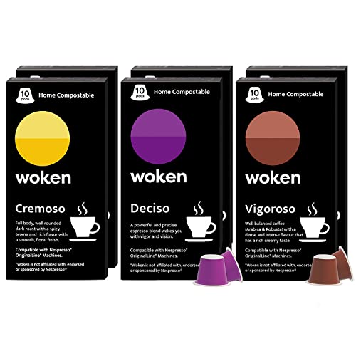 WOKEN COFFEE Compostable Nespresso Pods Variety Pack - Dark and Medium Roast Italian Espresso Coffee Capsules Compatible With Nespresso Coffee Machine (Pack of 6 Boxes)