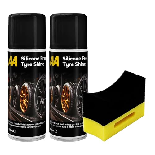 AA Tyre Shine Silicone-Free, 2 x 500 ml, 1 x Applicator Pad (Yellow) Clean Finish, Aerosol Spray