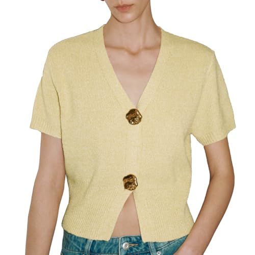 Image of URBAN REVIVO Women's Cardigan Sweaters Short Sleeve V Neck Gold Button Down Cropped Knit Casual Summer Tops