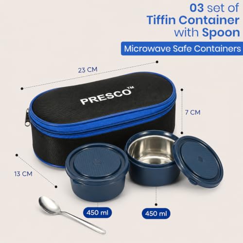 Image of PRESCO Insulated Lunch Box Set (2 Microwave Safe Inner Steel Containers, 450ml*2; with Steel Spoon) with Insulated Fabric Bag, Lunch Box for Office Use, Leak Proof, Tiffin Box for Men (Blue)