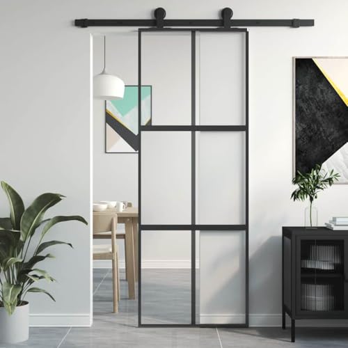 Mokuyary Puerta corredera Vidrio Templado y Aluminio Negra 76x205 cm Puerta Corredera de Cristal para Baño Salón Sala de Estar Cocina Negro y Transparente y Mate