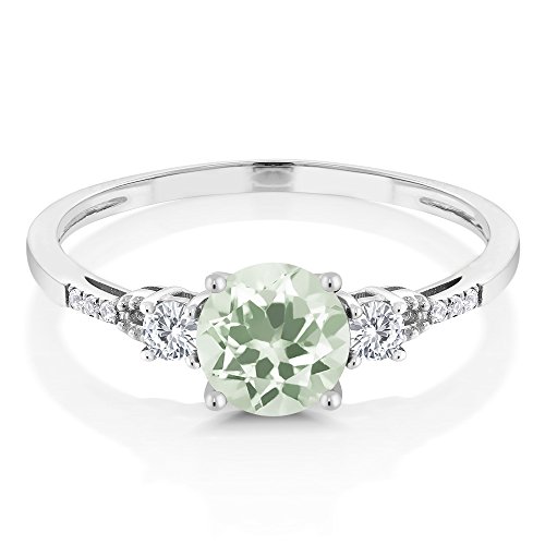 Gem Stone King 10K White Gold Green Prasiolite White Created Sapphire and White Diamond Accent 3-Stone Engagement Ring For Women (1.10 Cttw, Round 6MM, Gemstone Birthstone)3
