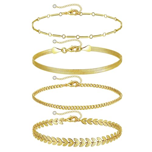 Image of HAXIYA Waterproof Gold Anklets for Mom, Mothers Day Gifts Mama Dainty 18K Gold Plated Anklets Layered Cuban Link Chain Herringbone Cute Anklets Set Summer Beach Jewelry Gift for Women