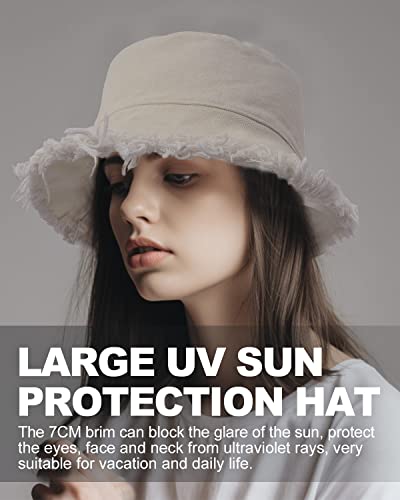 Image of Zylioo Plus Size Frayed Bucket Hat, Reversible 2 in 1 Fringe Tassel Sun Hat for Big Heads, Wide Brim UPF 50+ Fishing Hat