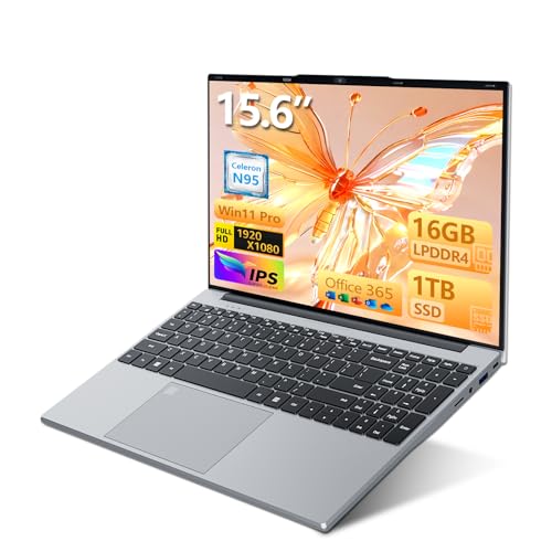 Moacreto Laptop PC 15,6 Zoll mit Office 365, 16GB RAM SSD 1TB Alder Lake N95, 1920 x 1080 FHD WiFi5, Laptop mit Touch ID Tastatur und Hintergrundbeleuchtung