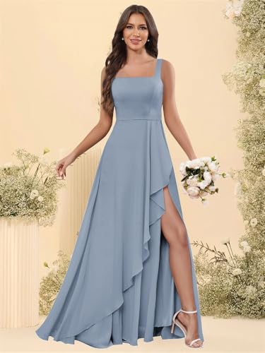 Square Neck Chiffon Bridesmaid Dresses with Slit Sleeveless Ruffle A Line Long Formal Evening Gowns3