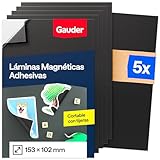 GAUDER Lámina Magnética Autoadhesiva - Hoja Imantada para Fotos, Manualidades y Carteles - Película Magnética Adhesiva para Hogar, Escuela y Oficina (5 Unidades - 153 x 102 mm)