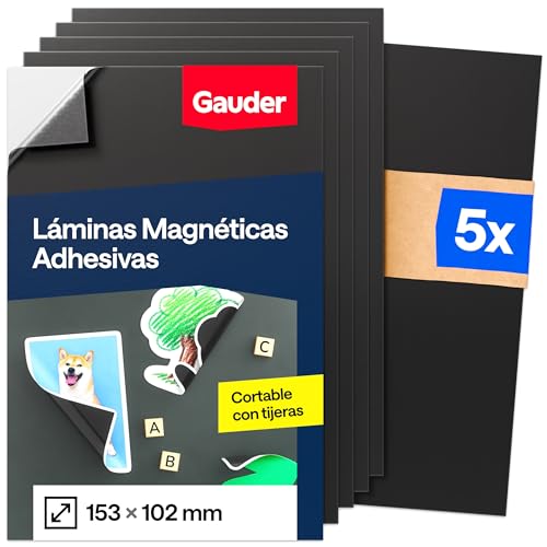 GAUDER Lámina Magnética Autoadhesiva   Hoja Imantada para Fotos, Manualidades y Carteles   Película Magnética Adhesiva para Hogar, Escuela y Oficina (5 Unidades   153 x 102 mm)