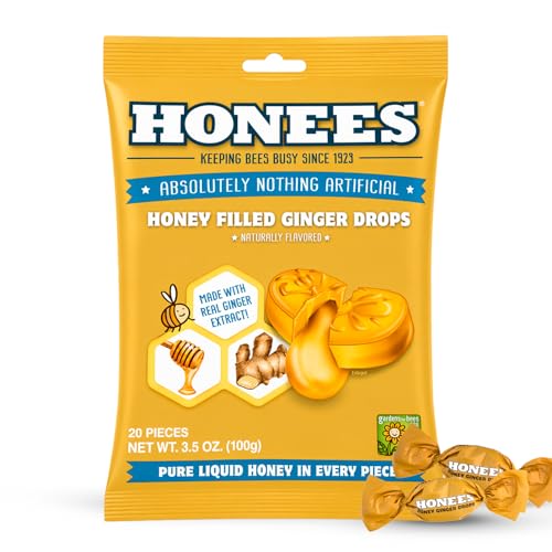 Honees Filled Honey Ginger Drops Natural Cough Drops- Pure Ginger Sore Throat Relief - Nothing Artificial -Throat Coat Lozenges Natural Cough Suppressant Non-GMO (1 Pack 20 Drops)