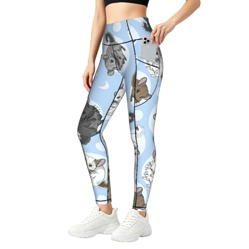 Legging de sport imprimé chinchillas lune bleu avec poches femme
