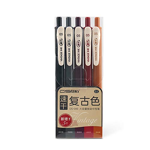 Lot de 5 stylos à encre gel rétractables à séchage rapide, couleur à l'encre vintage, pointe fine (0,5 mm), pour coloriage adulte, bullet journal, griffonnage, notation Cover