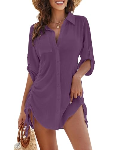 Image of Blooming Jelly Womens Bathing Suit Cover Ups Bikini Swimsuit Coverup Drawstring Button Down Beach Dress Shirt
