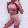 Women-Seamless-Yoga-Workout-Set-2-Piece-High-Waisted-Outfits-Sets-Crop-Tops-Exercise-Shorts-Tracksuits YR.Lover Women 2 Pieces Yoga Workout Outfits Short Sleeve Top With High Waisted Exercise Gym Sportswear Tracksuits (S, Purple, s)
