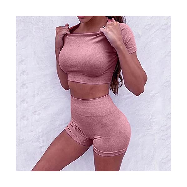 Women-Seamless-Yoga-Workout-Set-2-Piece-High-Waisted-Outfits-Sets-Crop-Tops-Exercise-Shorts-Tracksuits YR.Lover Women 2 Pieces Yoga Workout Outfits Short Sleeve Top With High Waisted Exercise Gym Sportswear Tracksuits (S, Purple, s)