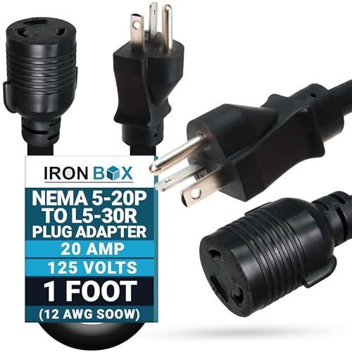 IronBox Electric - NEMA 5-20P to L5-30R Plug Adapter, 3-Prong Male to 3-Prong Female Plug Adapter, 1 Foot, 20 Amp/125Volt, 20 Amp to 15 Amp RV Plug- 12 AWG SOOW Cable, Weather Resistant - Black