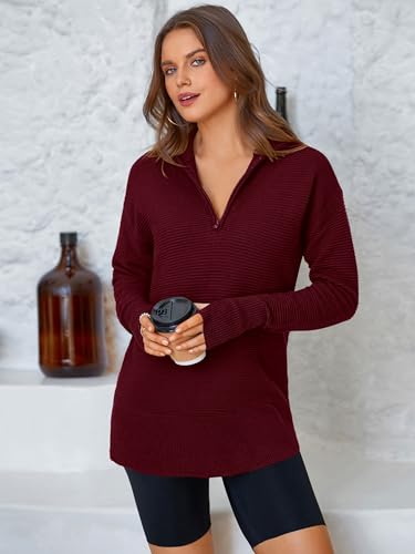 Image of PRETTYGARDEN Womens Long Sleeve Quarter Zip Pullover Sweater | Casual Loose V Neck Sweaters with Thumb Hole, Collared Ribbed Knit Jumper Tops, Oversized Tunic Tops, Fall Outfits 2026