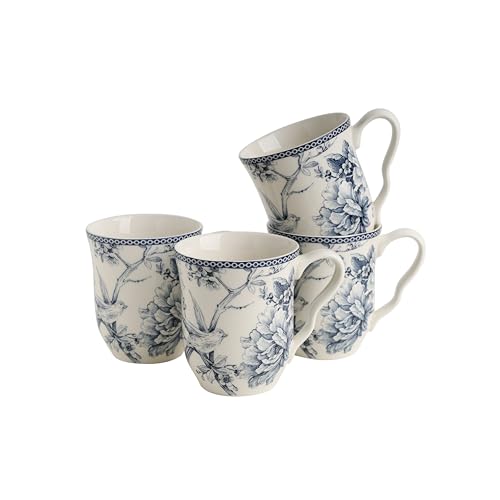 222 Fifth Adelaide Large Coffee Mugs Set of 4 14.5 oz Porcelain Coffee Cups with Handle Ceramic Tea Cup for Cappuccino Latte Cocoa Microwave & Dishwasher Safe Decorative Gift Sets Blue and White