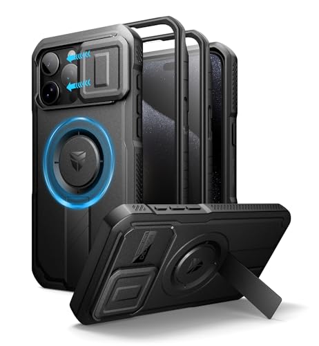 Dexnor for iPhone 15 Pro Max Case with Slide Camera Cover & Adjustable Kickstand & Built-in Screen Protector Magnetic Rugged Shockproof Bumper Cases Heavy-Duty Magnetic Protective Cover Black