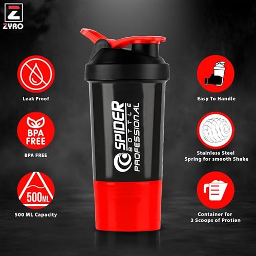 Image of Zyro Spider Gym Shaker Bottle, Shakers for Protein Shake 500 Ml with 1 Storage Compartment Gym protein shaker for workout (Pack of 1,Red)