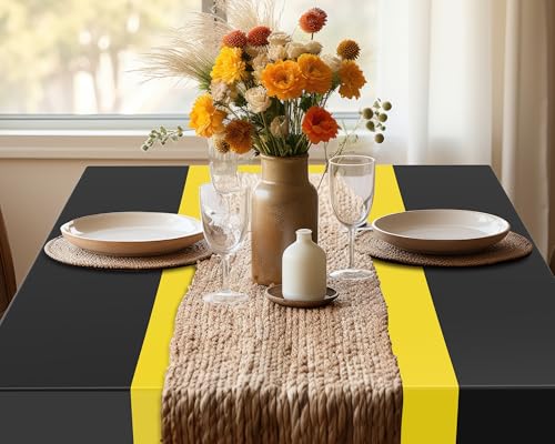 Image of Oudain 8 Pcs Plastic Table Cloths Disposable 54 inch x 108 inch, Yellow, Black | Rectangle Table Cover, Waterproof Tablescloths for Back to School Wedding Baby Shower Birthdays Party Decoration