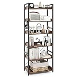 Tangkula 6-Tier Bookshelf, 70” Tall Industrial Bookcase w/Open Shelves & 4 Hooks, Storage Rack w/Metal Frame, Vintage Standing Display Rack for Study Living Room Kitchen (1, Rustic Brown)