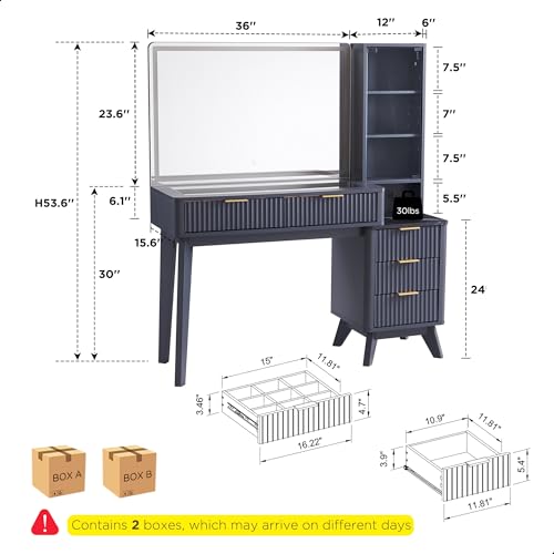 T4TREAM 48インチ 溝付き メイクアップバニティデスク 大きな36インチのミラーとライト付き モダンなガラストップ 大きなバニティテーブル 引き出し5個&調節可能な棚付き ドレッシングテーブル 充電ステーション付き 寝室用 ダークグレー