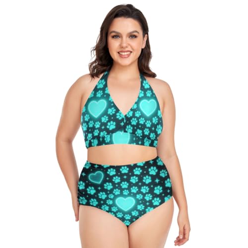 Bikini grande taille halter réglable à motif cœur patte de chien aqua maillot deux pièces