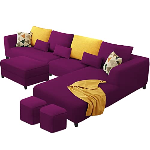 Image of Galib RHS 8 Seater L Shape Sofa Set with Ottoman & 2 Puffy for Living Room (Purple) Premium Fabric