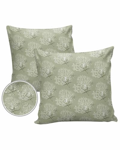 Sage Green Starfish Outdoor Pillow Cover 18x18 Inch Cushion Sham Case, Waterproof Decorative Square Throw Pillowcase for Outside Garden Patio Porch Couch Chair Tent Coastal Coral Nautical Summer Sea
