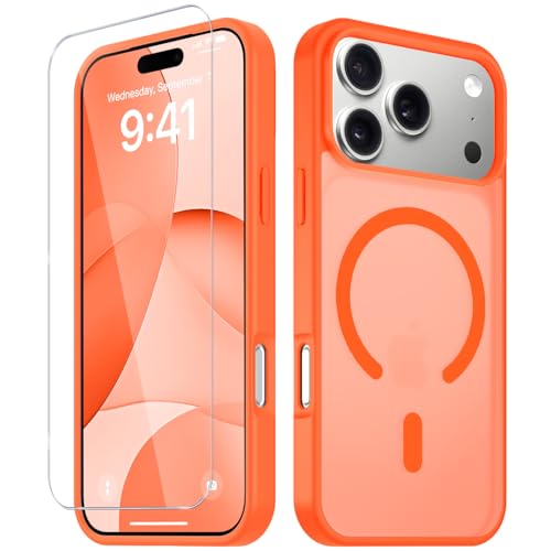 Image of YENAPOON for iPhone 17 Pro Max Case, Matte Magnetic Phone Cover [with 1 Screen Protector] [Support for MagSafe] [Shockproof Military Grade Protection] Translucent Frosted Back, Orange