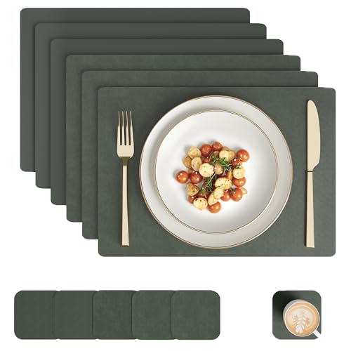 Image of Encasa XO Leather Dining Table Mat Set of 6 + 6 Coasters, 42x30 & 9 cm | Water & Heat Resistant Double-Layer Dining Table Mats with Suede Top | Wipeable & Durable Olive Placemats for Dining Table