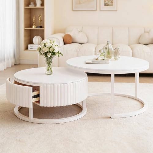 SeraphicCharm Ronde Table Basse Blanche Lot De 2 Marbre Table Basse Gigogne avec Rangement Ronde Table De Salon Basse Moderne Industrielle Design Bois Tiroir...