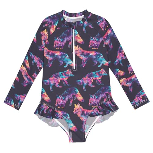 ALAZA Fox Colorful Black Girls One Piece Swimsuit Long Sleeve Rash Guard Swimsuits UV 50+ Swimwear Zipper