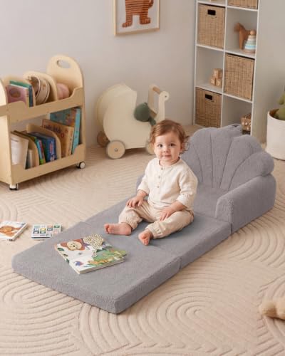Image of Blissful Diary Foldable Kids Couch, 2-in-1 Kids Sofa Chair, Gray Shell | 50.8 inch Fold-Out Play Area, Supportive Foam, Washable Cover, Carry Handle, Pre-Assembled, Kid-Safe Zipper