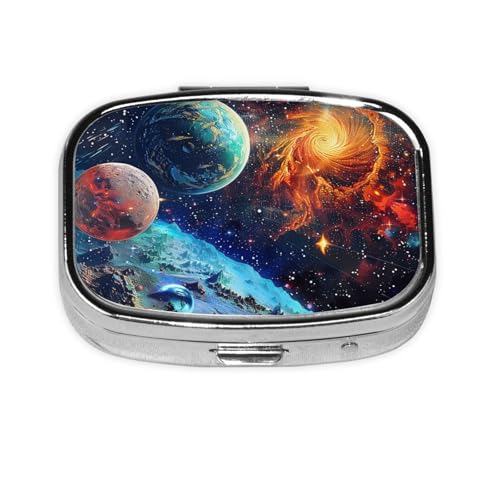 Space Planets プリントピルボックス トラベルスクエアピルオーガナイザー ポータブルピルケース ミラーと2つのコンパートメント付き
