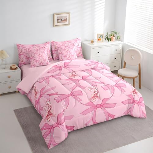 Image of Kawaii Full Size Bed Sheets and Comforter Set | Pink Bow 7-Piece Bedding Set Santa Sticks Candy Canes Bed in a Bag, Dreamy Ribbon Princess Bowknot Bed Sets,Cute Aesthetic Room Decor