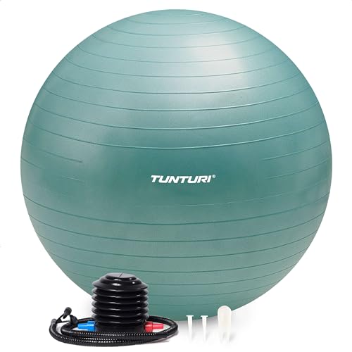 Tunturi Anti Burst Fitnessball mit Pumpe - Yoga-Ball 65 cm - Pilates-Ball - Schwangerschaftsball – 220 kg Benutzergewicht - Inklusive Trainings-App – Petrol