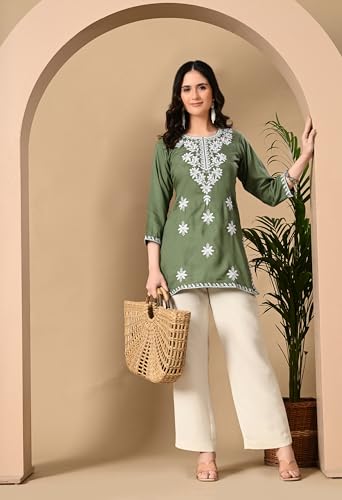 Image of LIBOZA Women's Chikankari Embroidered Short Kurti, Rayon Fabric, Three-Quarter Sleeves, Available in Pink, Black, Mustard Yellow, White, Pista and Green