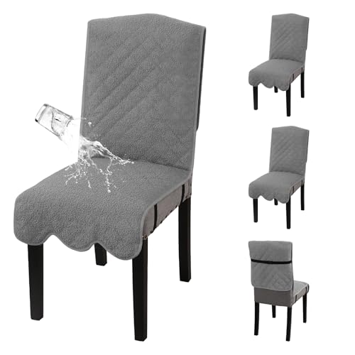 H.VERSAILTEX 100% Waterproof Dining Chair Covers Set of 4 Teddy Fleece Kitchen Chair Covers Parson Chair Slipcovers for Kitchen Dining Room, Grey