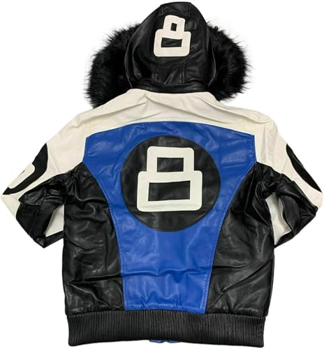 Hifa Men's Authentic 8 Ball Logo Pool Billiard Cue Bomber 90's Retro PU Faux Leather Jacket With Fur Hood