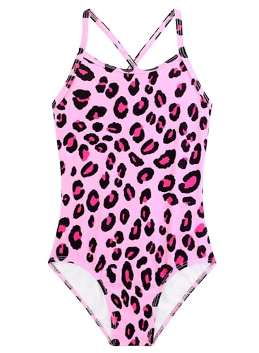 Alakuoti Girls Swimsuit Cute Pink Leopard Printed Swimwear One Piece Upf 50+ Quick Dry Bathing Suits Cross Shoulder Strap Swimwear Size 8 7 cover